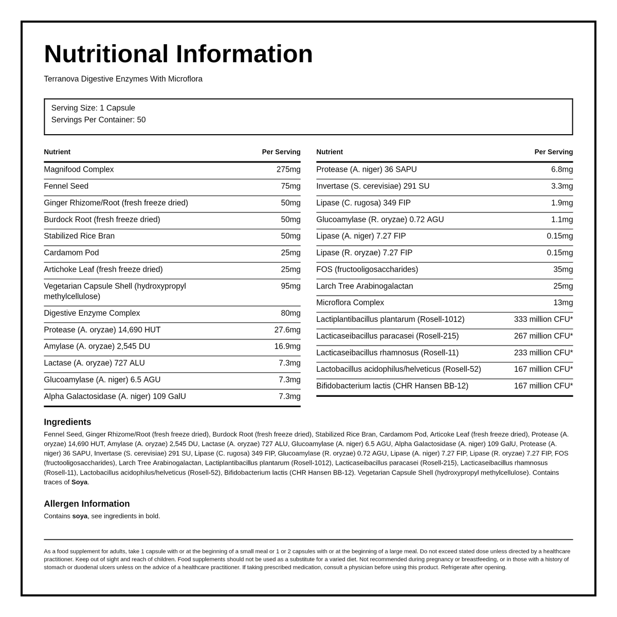 Terranova Digestive Enzymes With Microflora — nutrition information panel, generated from the pack