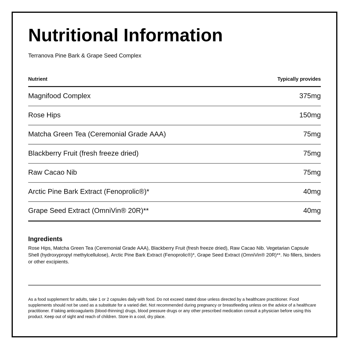 Terranova Pine Bark & Grape Seed Complex — nutrition information panel, generated from the pack