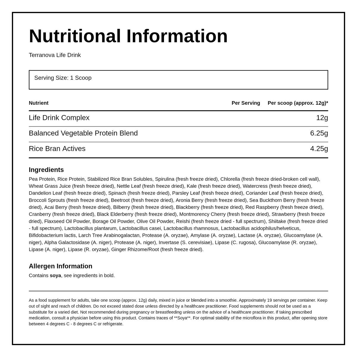Terranova Life Drink — nutrition information panel, generated from the pack