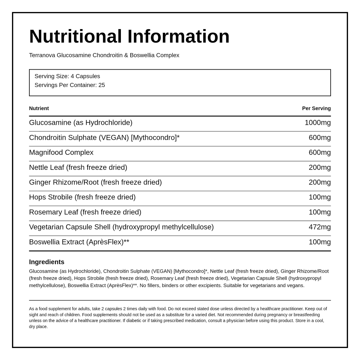 Terranova Glucosamine Chondroitin & Boswellia Complex — nutrition information panel, generated from the pack