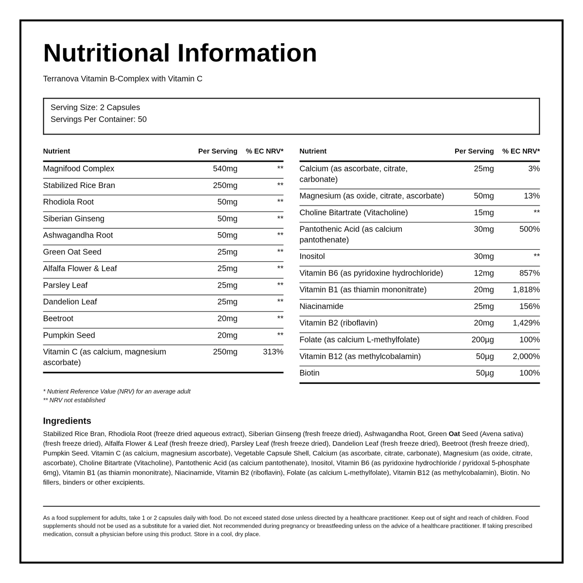 Terranova B-Complex with Vitamin C — nutrition information panel, generated from the pack