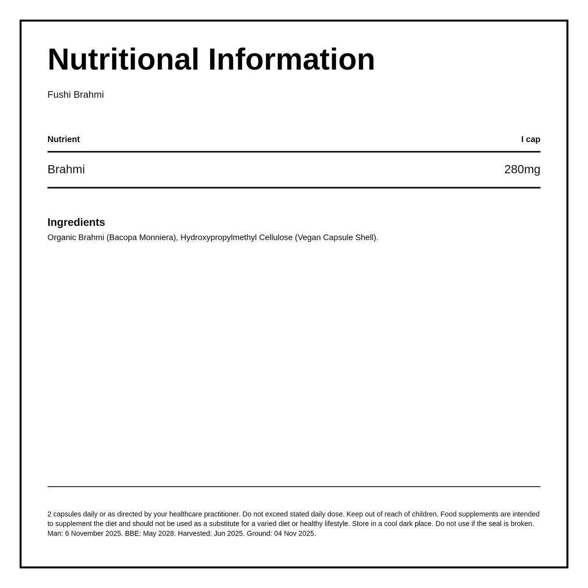 Fushi Wellbeing Brahmi Capsules Organic 60 Veg Caps — nutrition information panel, generated from the pack