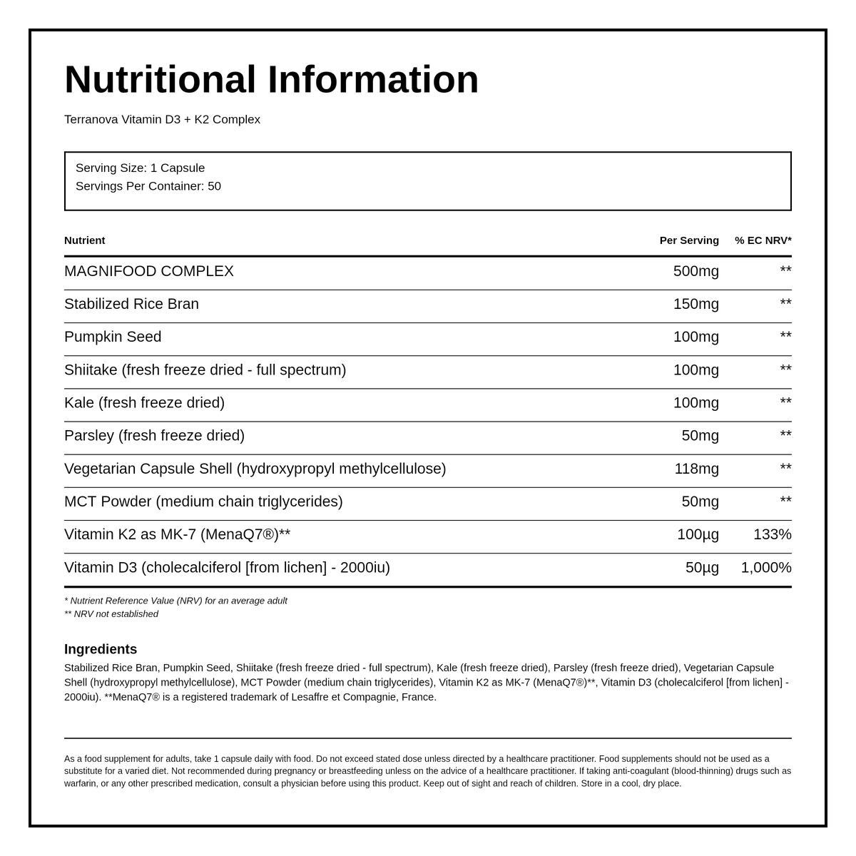Terranova Vitamin D3 2000Iu With Vitamin K2 100Ug Complex — nutrition information panel, generated from the pack