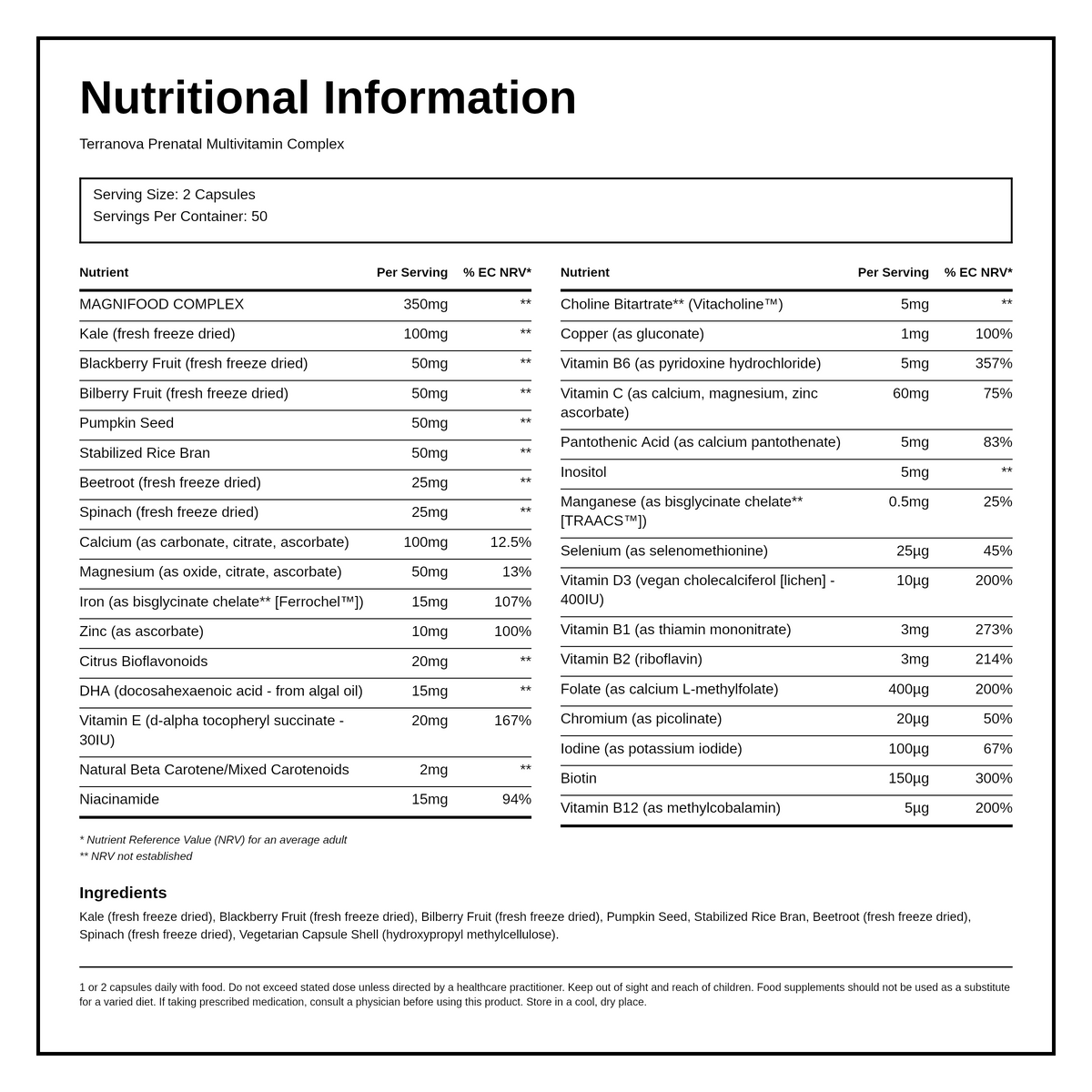 Terranova Prenatal Multivitamin Complex — nutrition information panel, generated from the pack