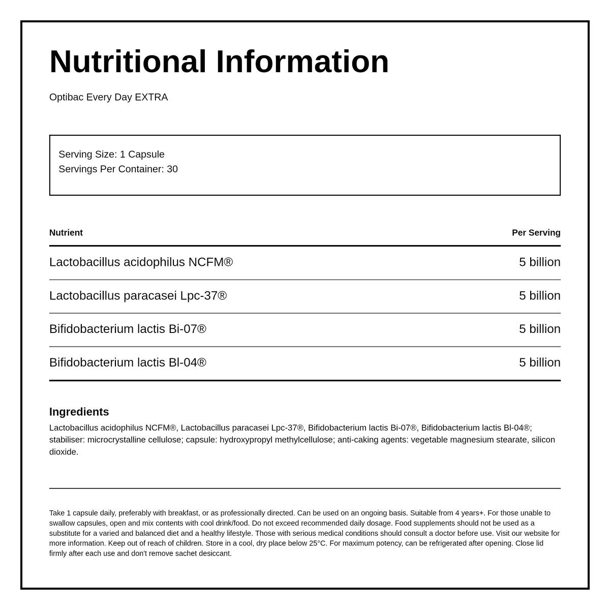 Optibac Probiotics For Every Day EXTRA Strength — nutrition information panel, generated from the pack