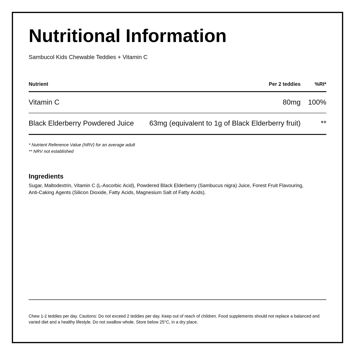 Sambucol Chewable Teddies. Immune Support all year round — nutrition information panel, generated from the pack