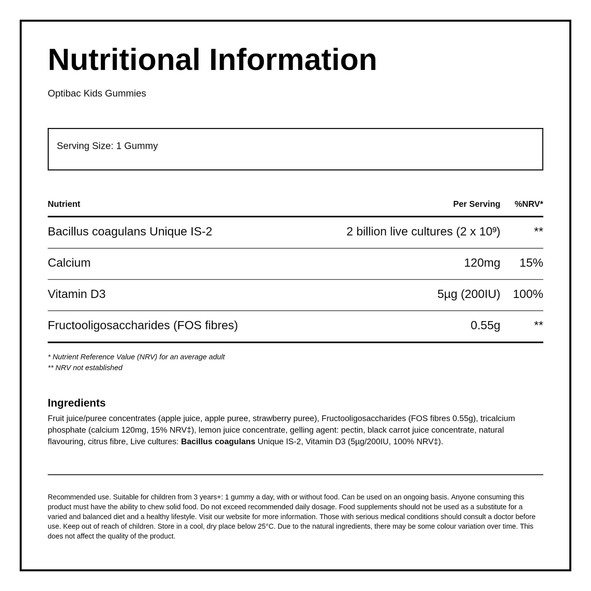 Optibac Probiotics Kids Gummies - 30 gummies — nutrition information panel, generated from the pack