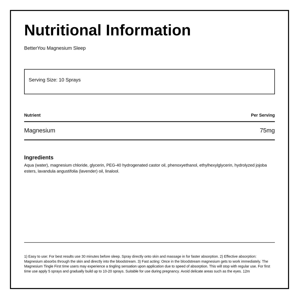 BetterYou Magnesium Sleep Body Spray — nutrition information panel, generated from the pack