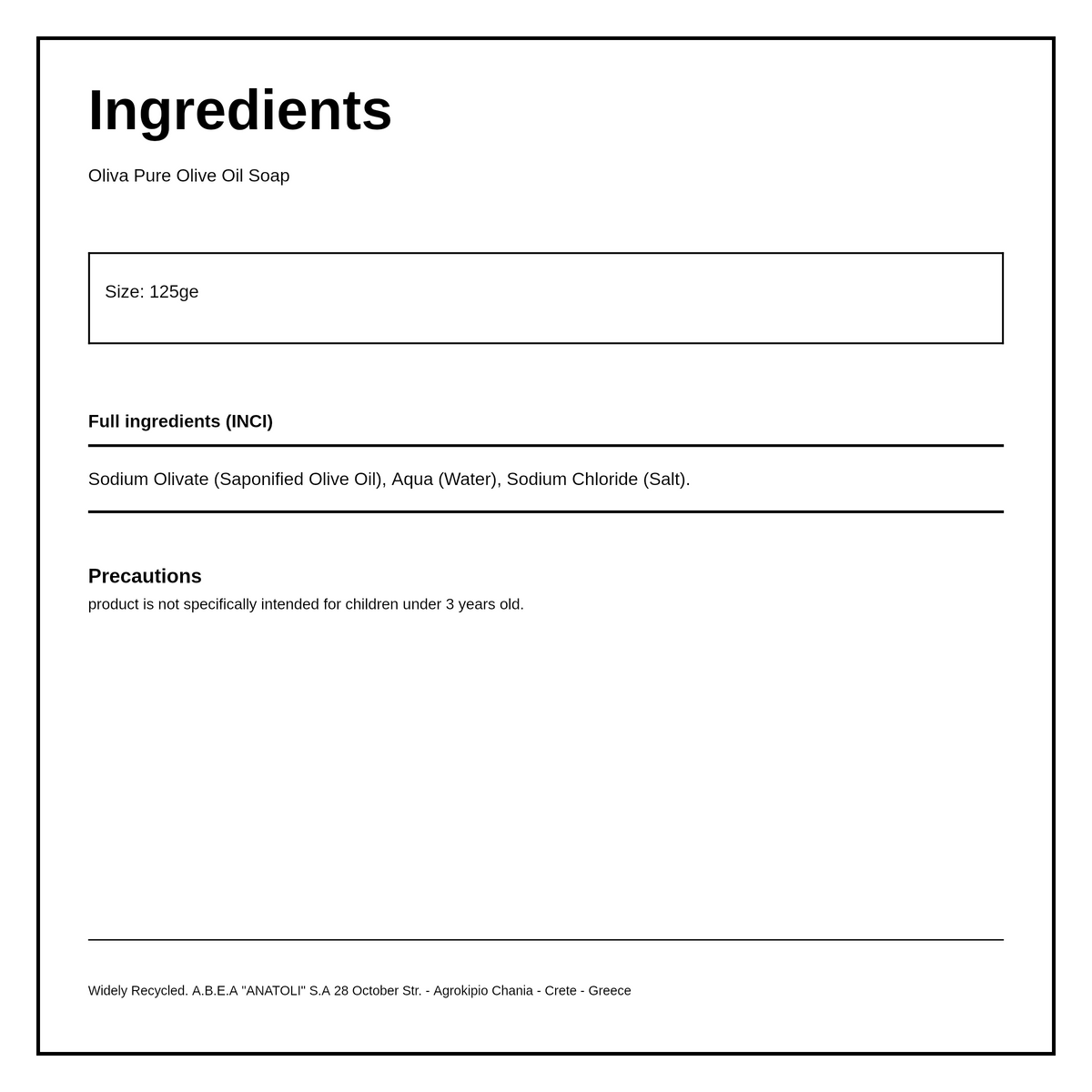 Oliva Olive Oil Soap — ingredients (INCI) panel, generated from the pack