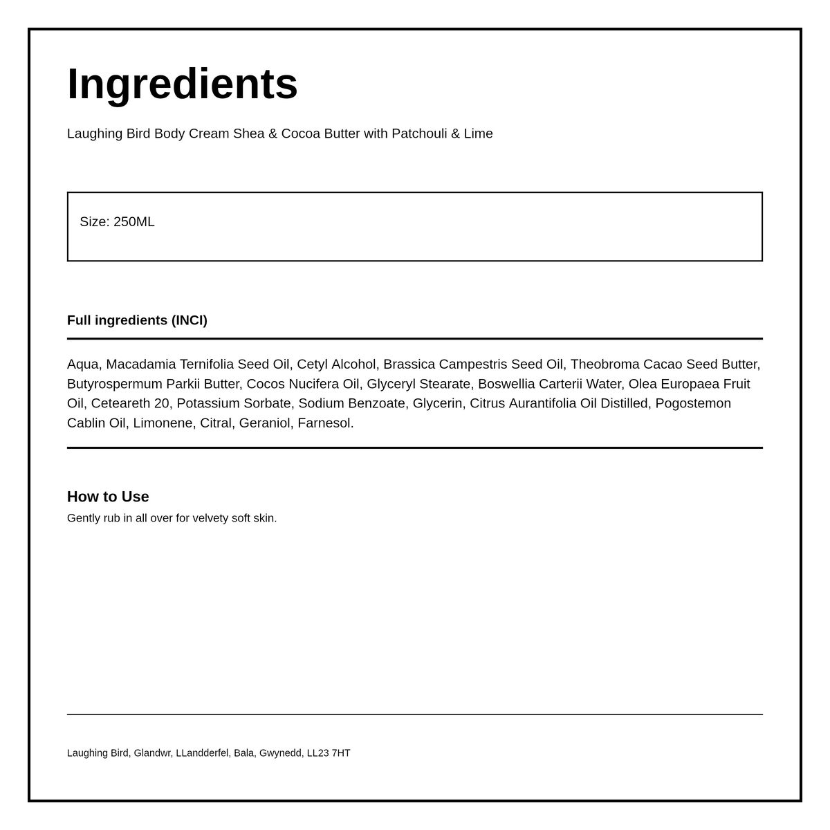 Laughing Bird Body Cream Patchouli & Lime — ingredients (INCI) panel, generated from the pack