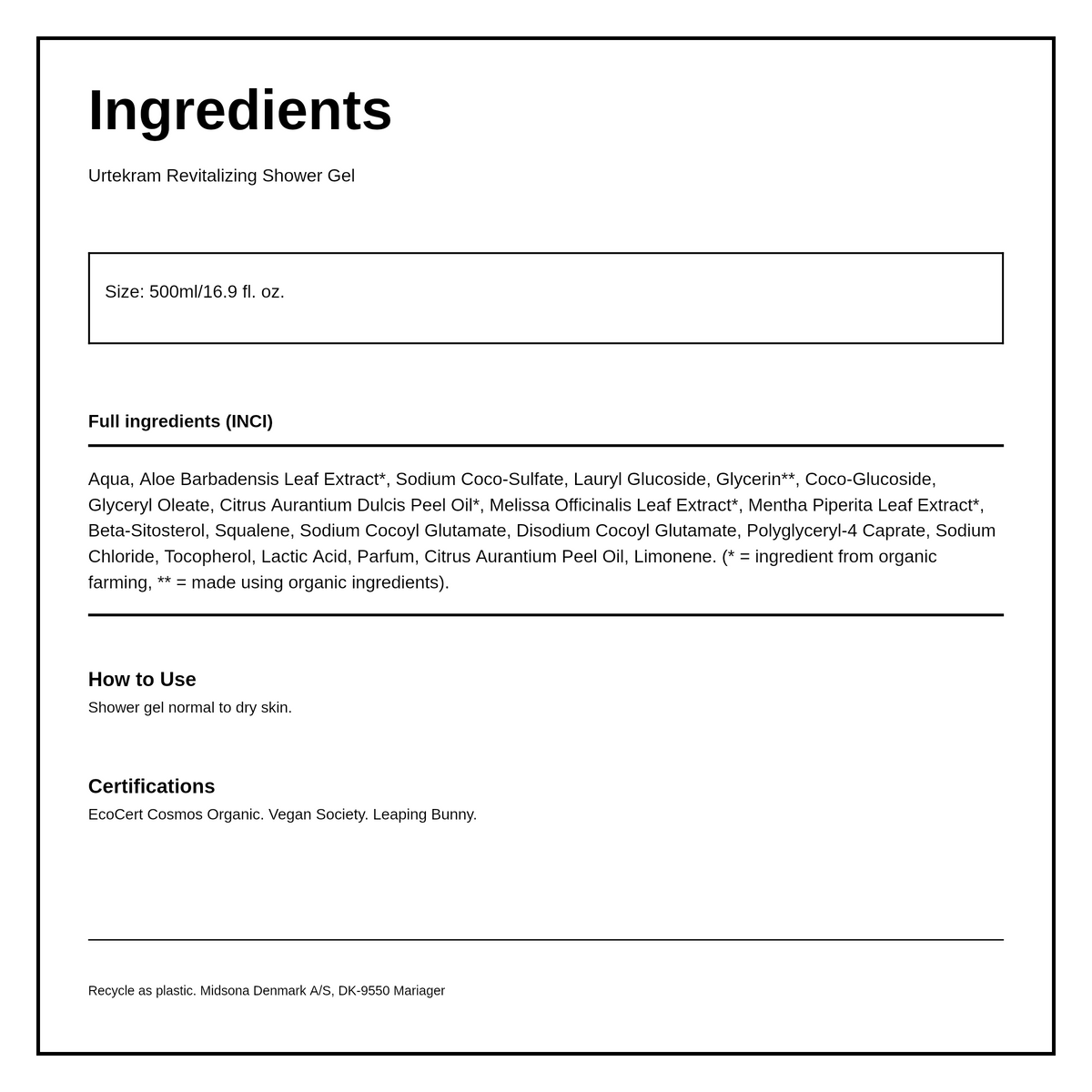 Urtekram Organic Aloe Vera Shower Gel — ingredients (INCI) panel, generated from the pack