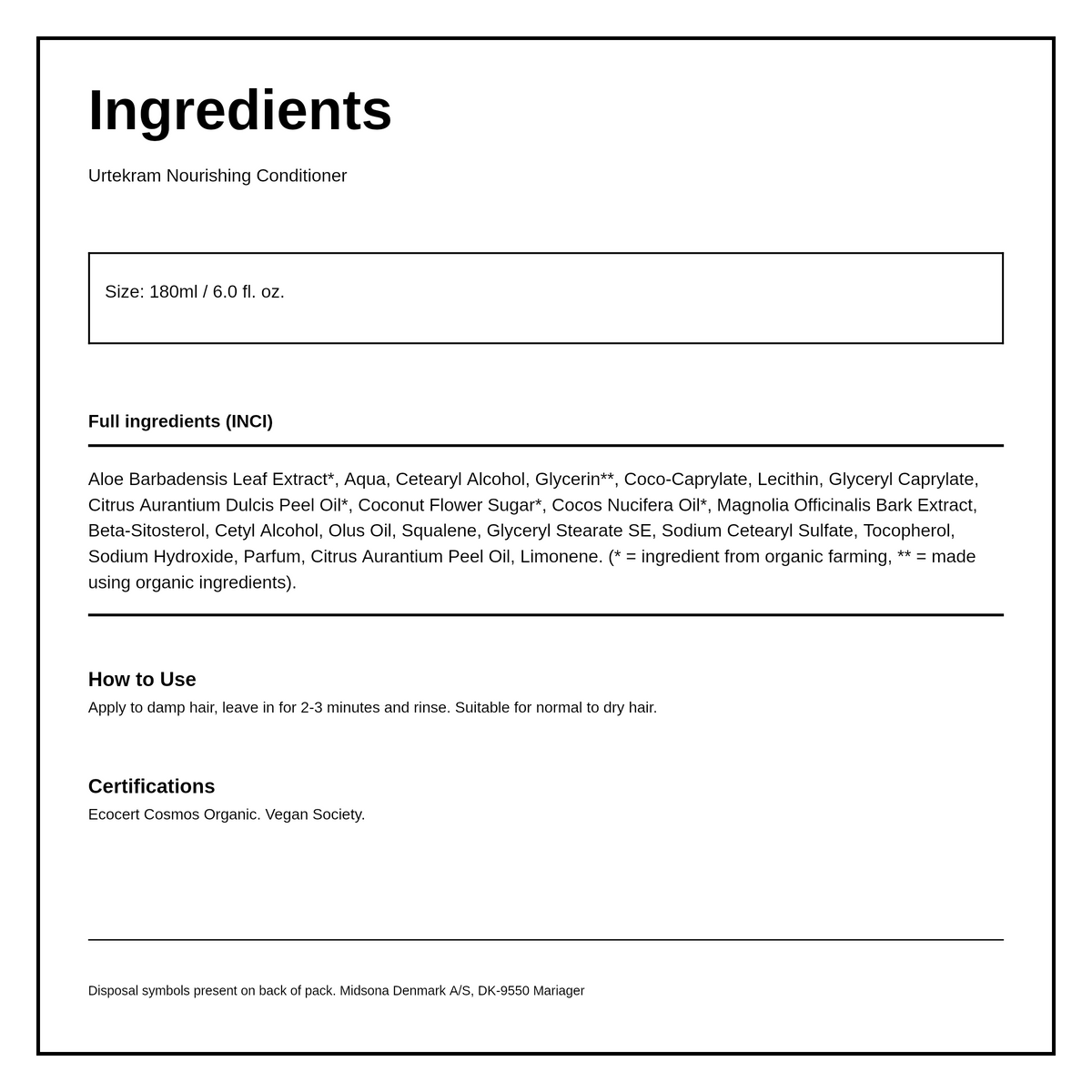 Urtekram Organic Coconut Conditioner — ingredients (INCI) panel, generated from the pack