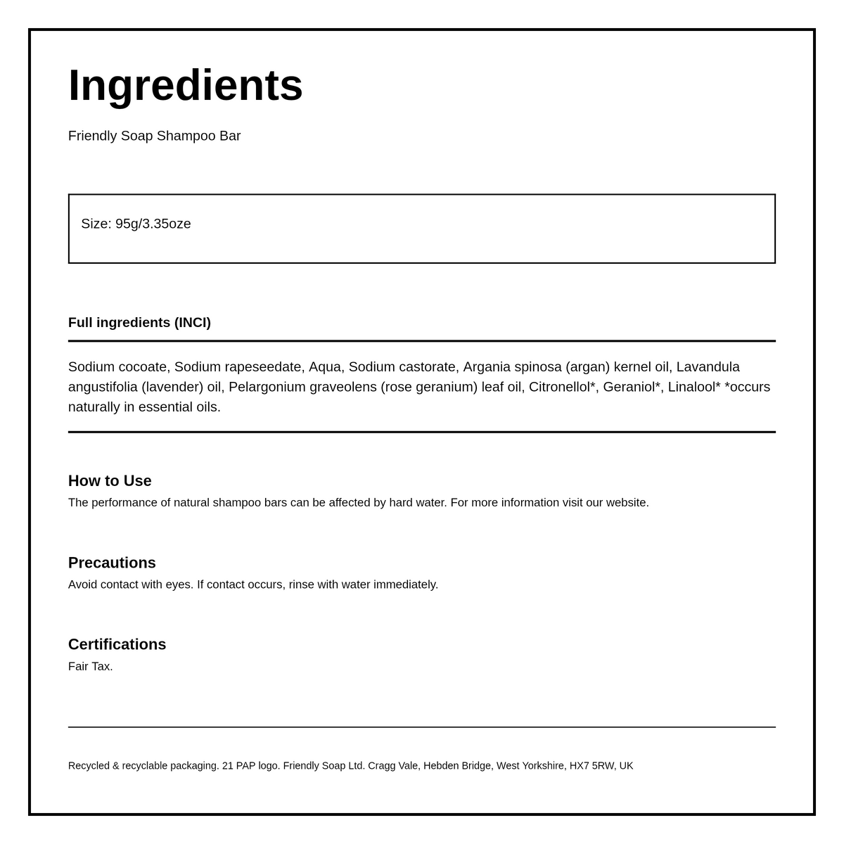 Friendly Soap Natural Shampoo Bar - Lavender & Geranium — ingredients (INCI) panel, generated from the pack
