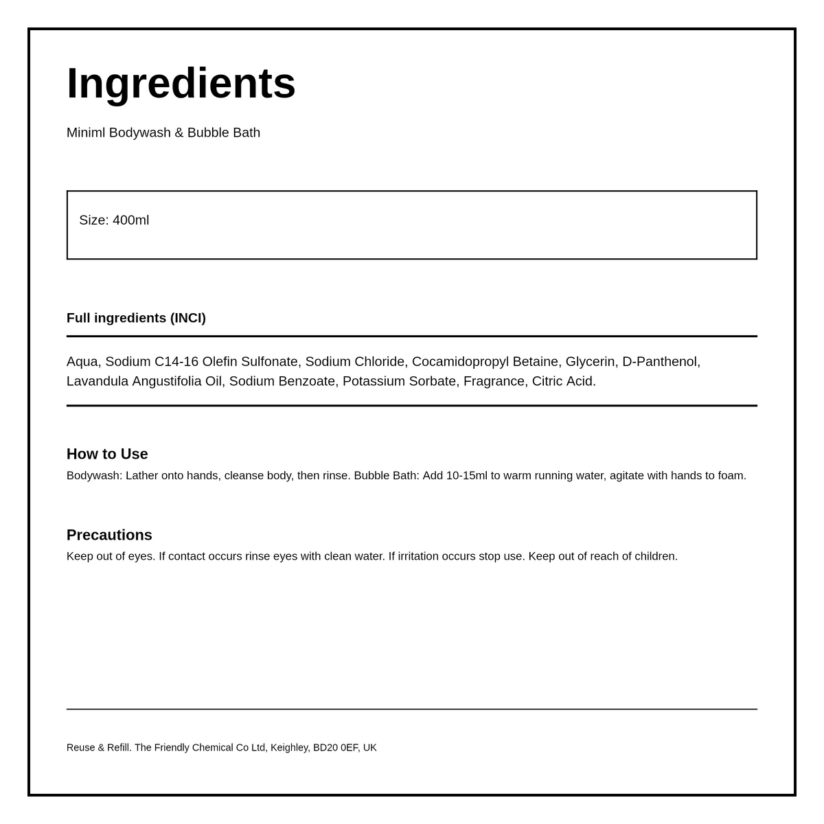 Miniml Lavender Bodywash 400ml — ingredients (INCI) panel, generated from the pack