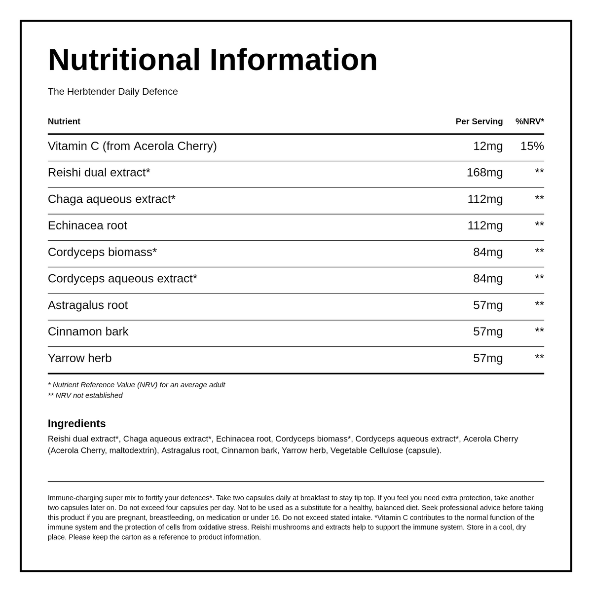 The Herbtender Daily Defence - Immunity Mix — nutrition information panel, generated from the pack