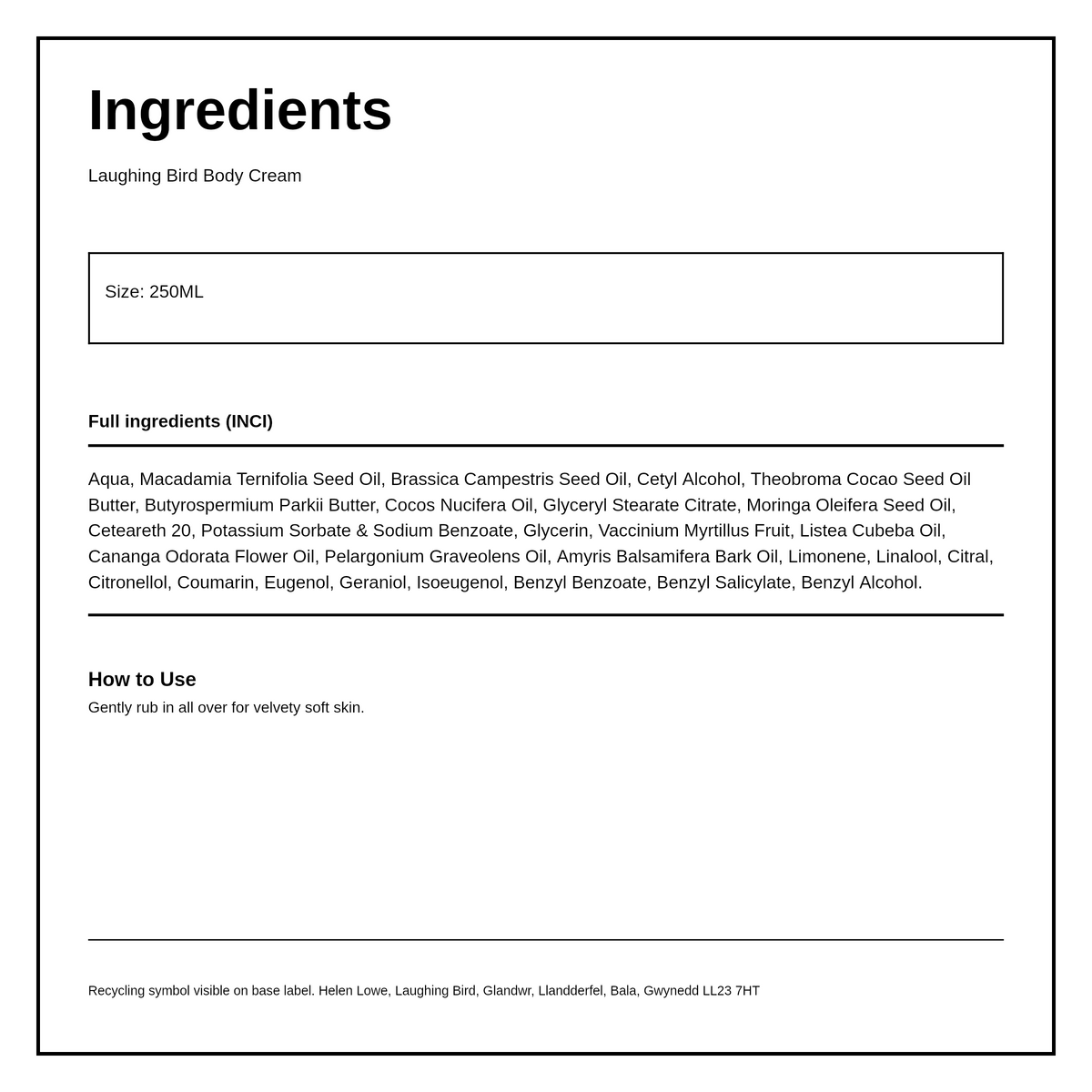 Laughing Bird Shea & Cocoa Butter Body Cream (with Moringa & Bilberry) — ingredients (INCI) panel, generated from the pack