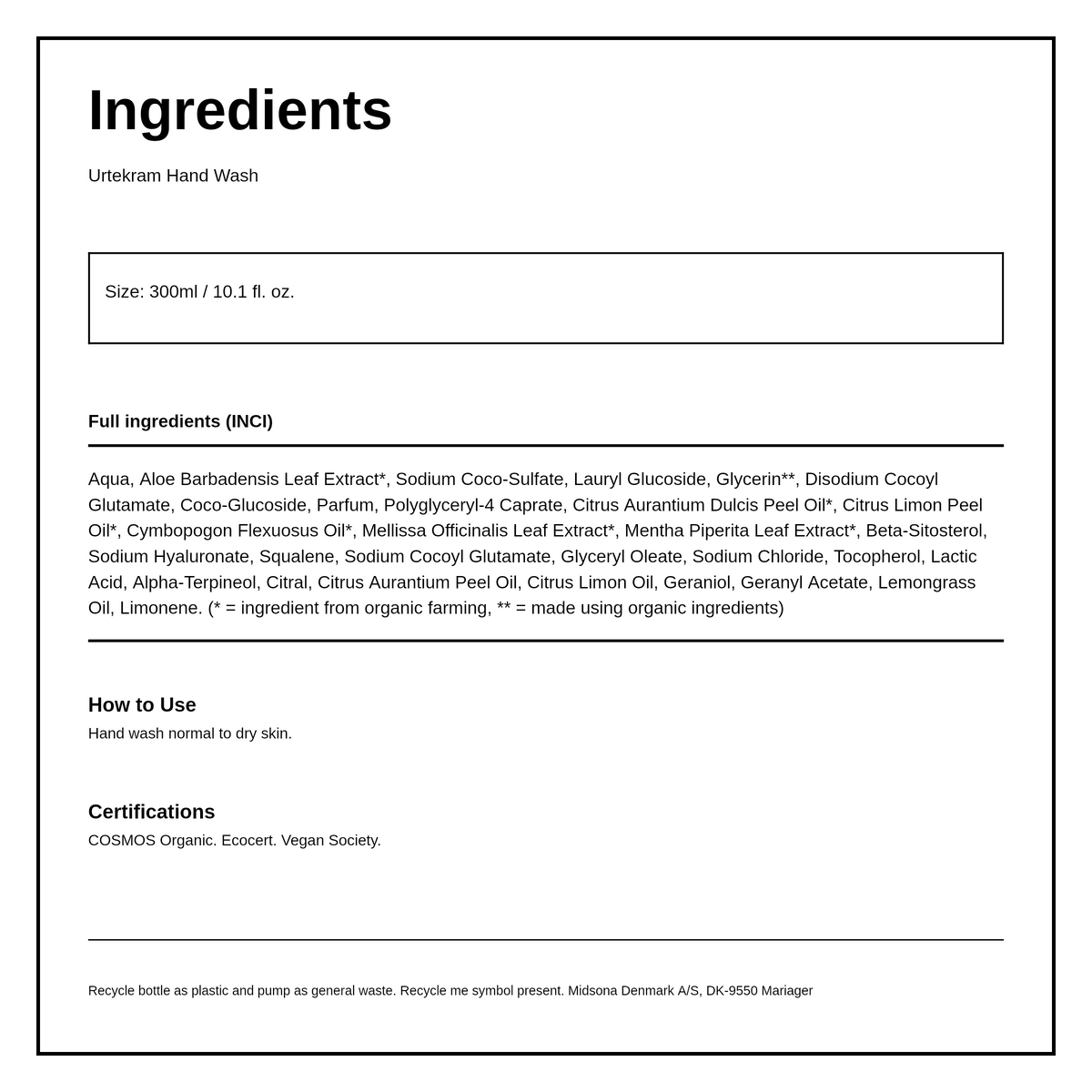 Urtekram Lemongrass Hand Soap — ingredients (INCI) panel, generated from the pack