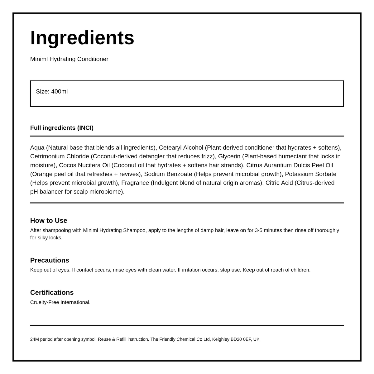 Miniml Hydrating Conditioner Coconut — ingredients (INCI) panel, generated from the pack
