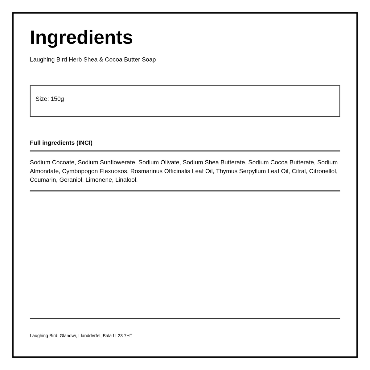 Laughing Bird Herb Soap with Shea and Cocoa Butter — ingredients (INCI) panel, generated from the pack