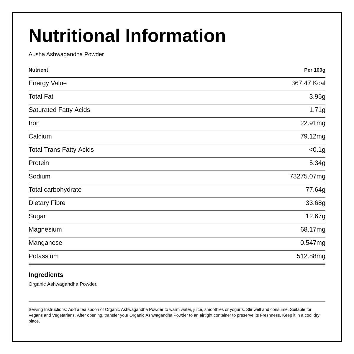 AUSHA Organic Ashwagandha Powder — nutrition information panel, generated from the pack
