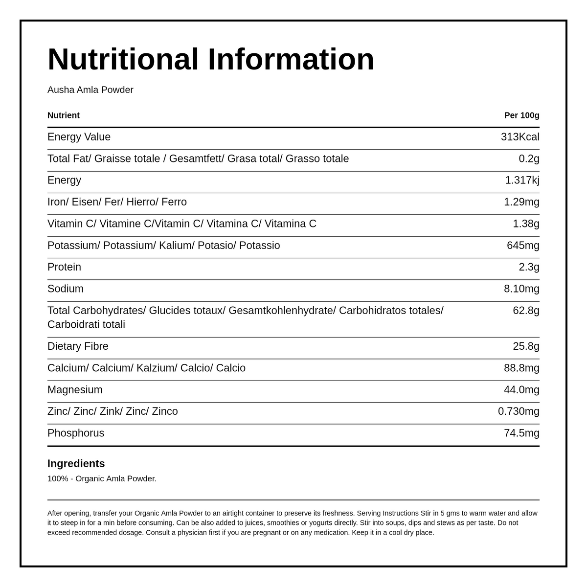 AUSHA Organic Amla Powder — nutrition information panel, generated from the pack
