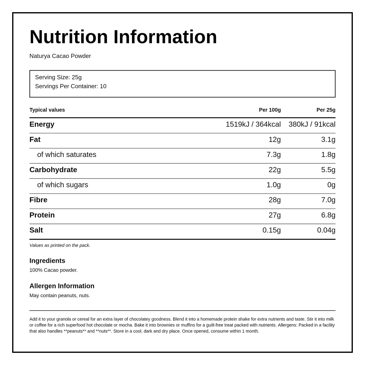 Naturya Cacao Powder Single Origin FT — nutrition information panel, generated from the pack