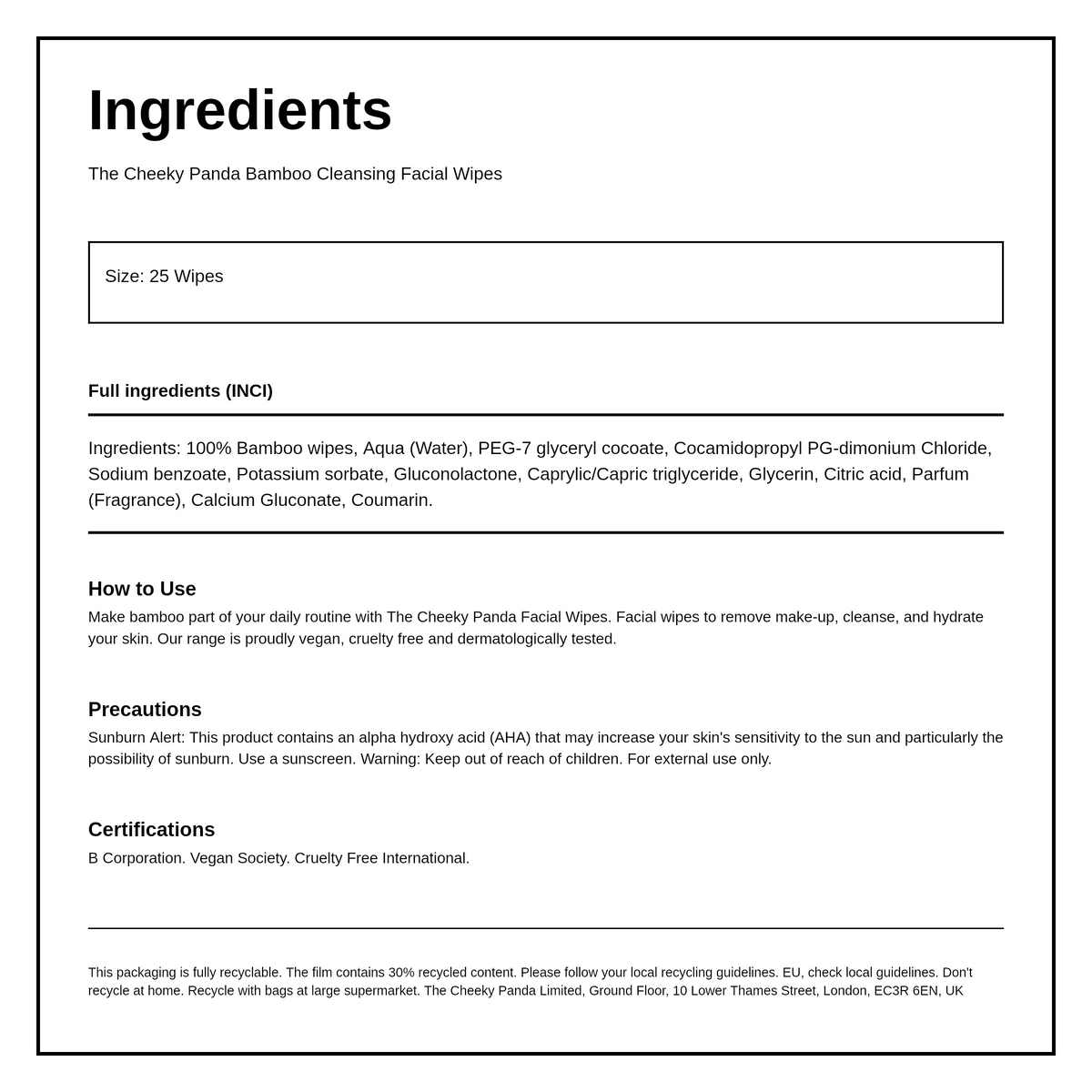 Cheeky Panda 100% Bamboo Cleansing Facial Wipes Coconut 25 Wipes — ingredients (INCI) panel, generated from the pack