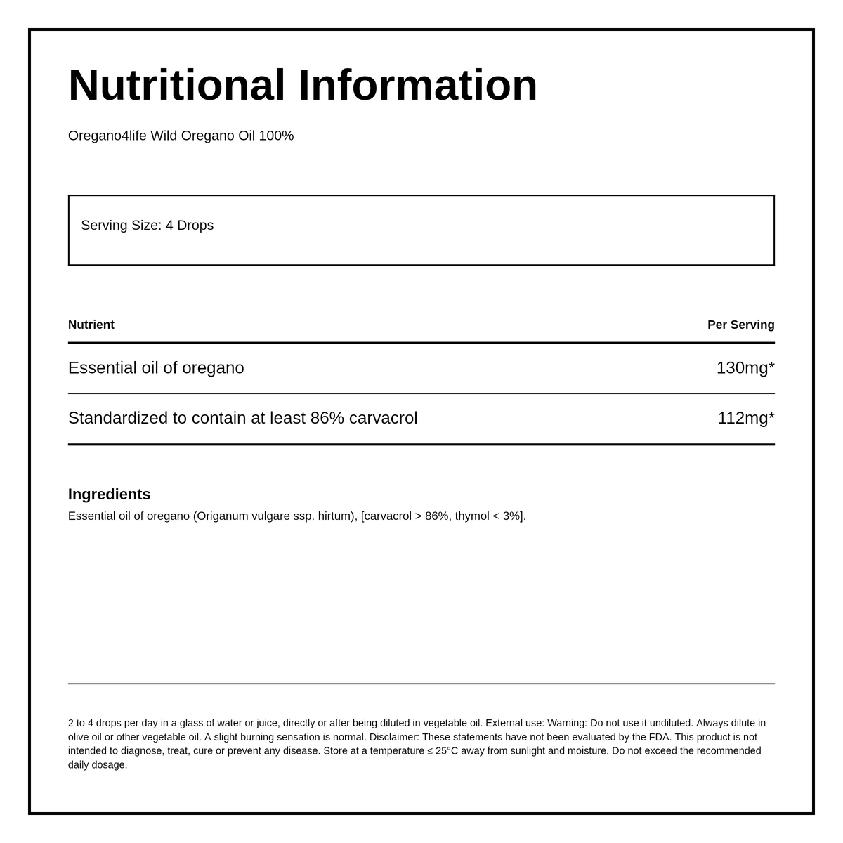 Oregano4life 100% Oregano Oil — nutrition information panel, generated from the pack