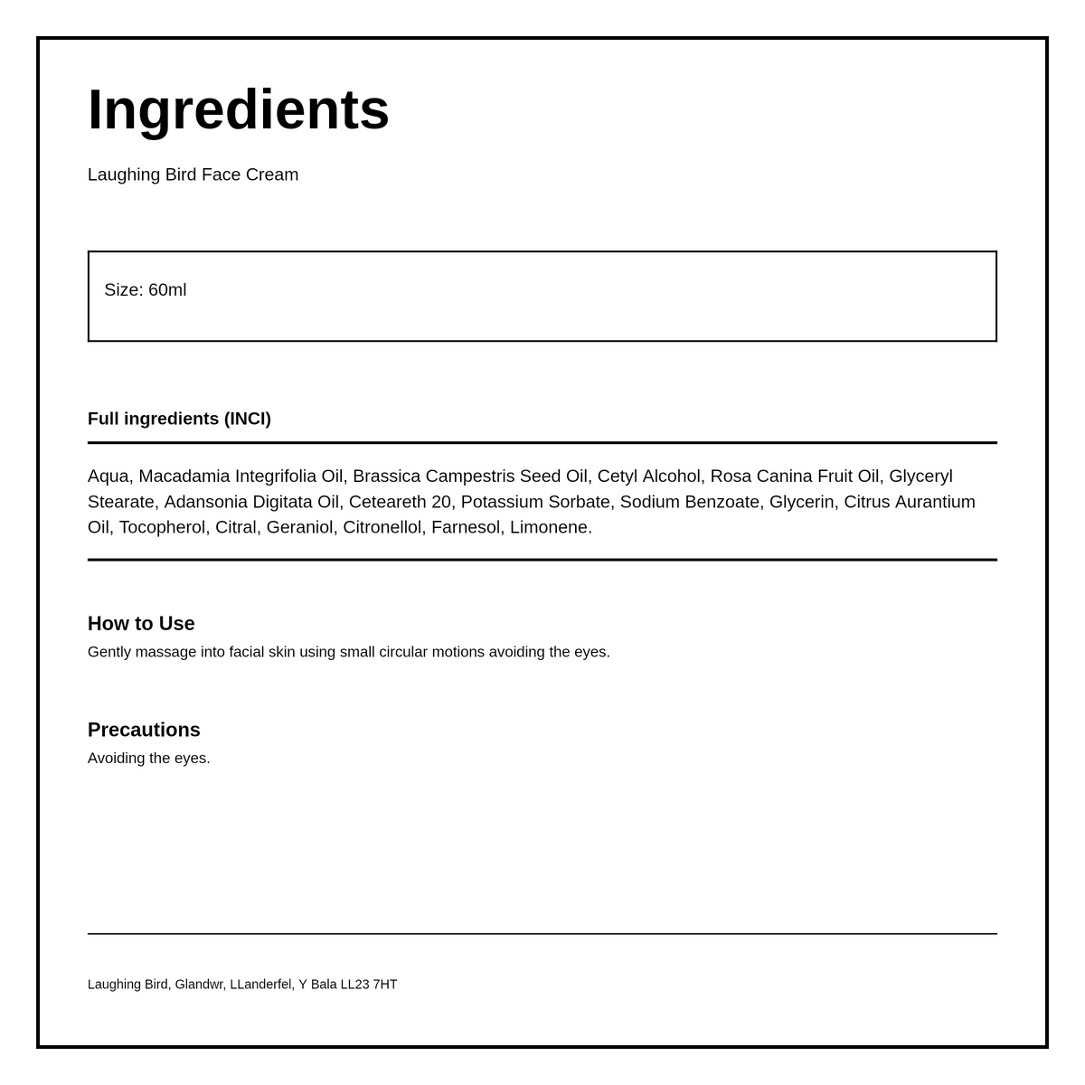 Laughing Bird Baobab & Rosehip Face Cream (with Neroli) — ingredients (INCI) panel, generated from the pack