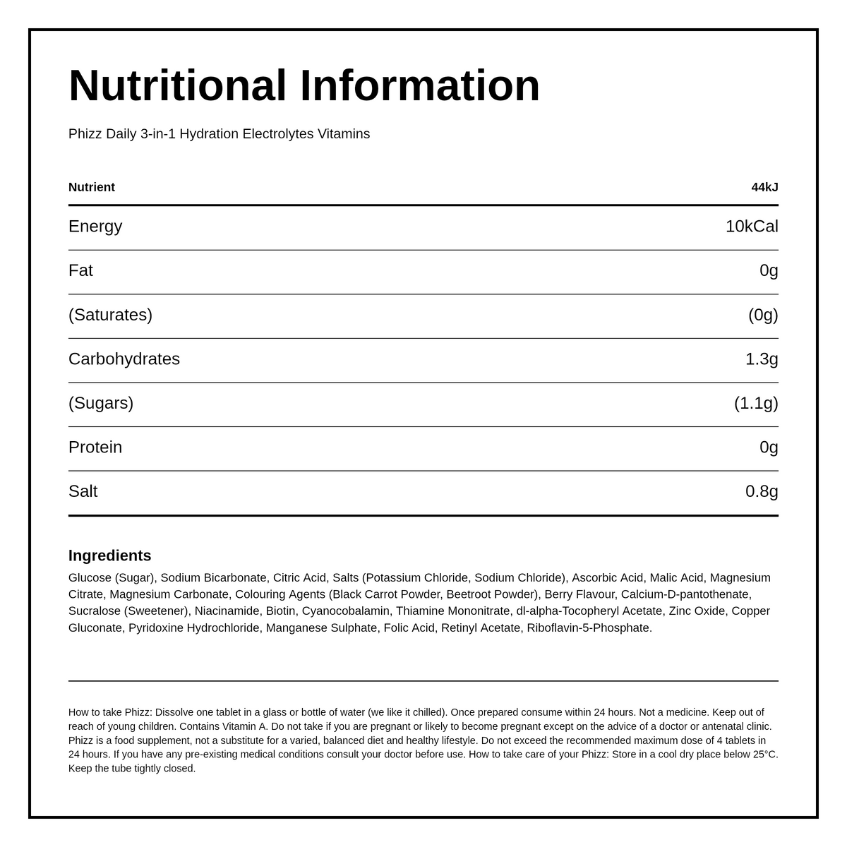 Phizz 3in1 Hydration Electrolytes Vitamins - Mixed Berry - 20 Tabs — nutrition information panel, generated from the pack