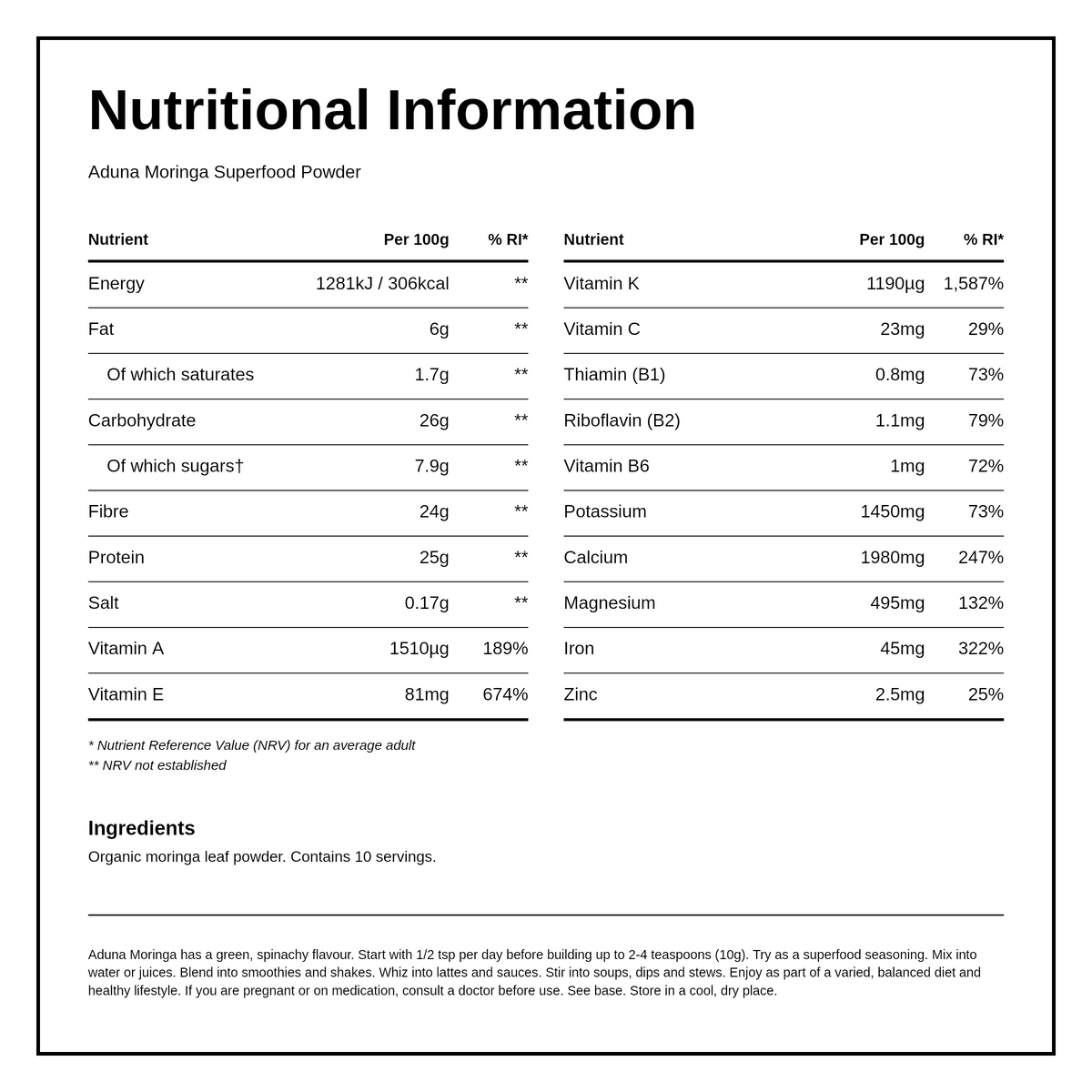 Aduna Moringa Superleaf Powder — nutrition information panel, generated from the pack