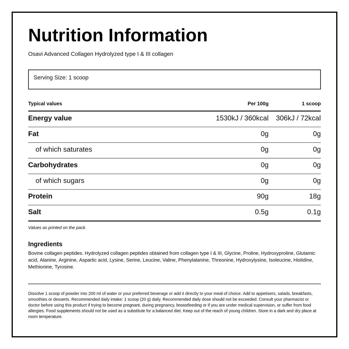 Osavi Advanced Collagen Hydrolyzed Type I & III — nutrition information panel, generated from the pack