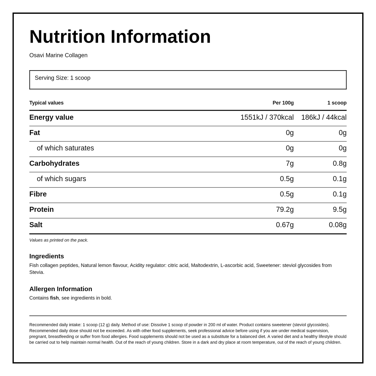 Osavi Advanced Marine Collagen Lemon Flavour — nutrition information panel, generated from the pack