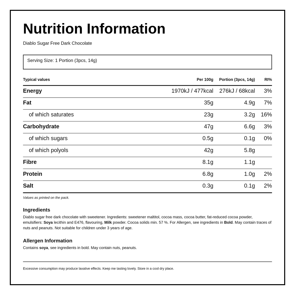 Diablo Sugar Free Dark Chocolate Bar — nutrition information panel, generated from the pack