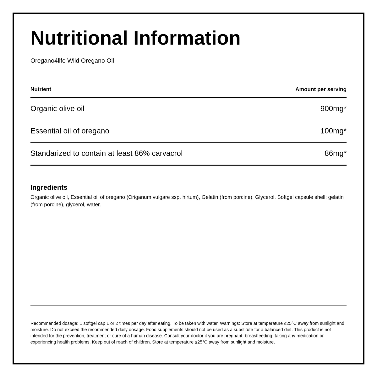 Oregano4Life Wild Oregano Oil Soft Gel Capsules — nutrition information panel, generated from the pack