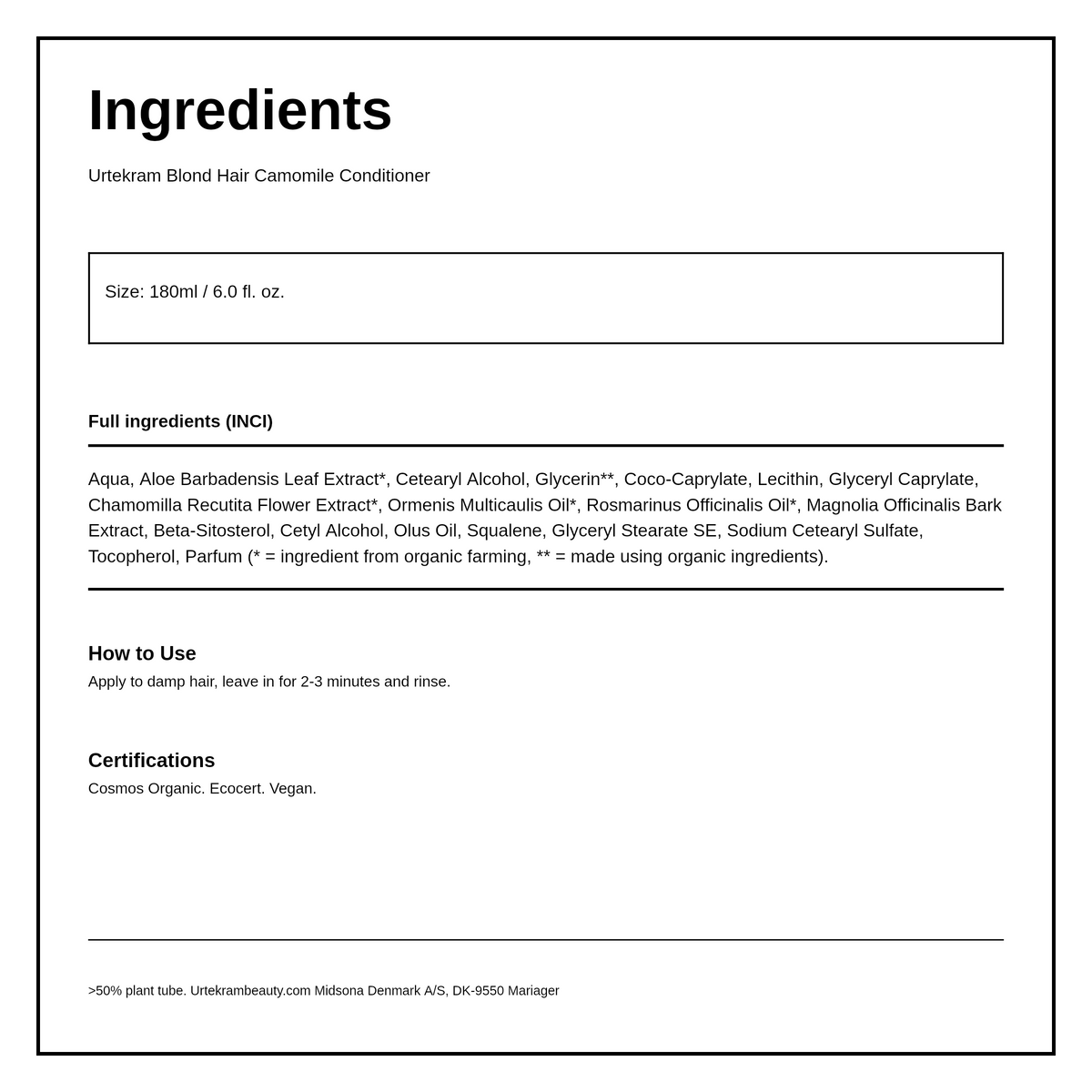 Urtekram Organic Camomile Conditioner Organic — ingredients (INCI) panel, generated from the pack