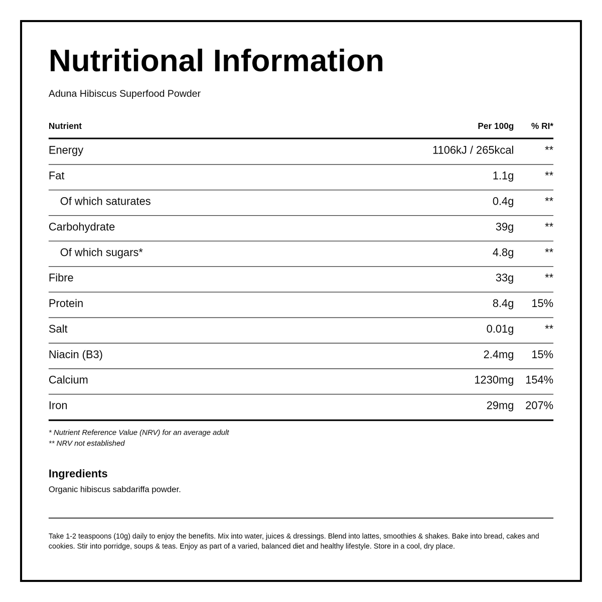 Aduna Superfoods Aduna Hibiscus Superfood Powder — nutrition information panel, generated from the pack