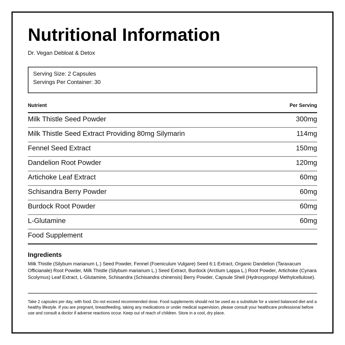 Dr Vegan DR.VEGAN Debloat & Detox — nutrition information panel, generated from the pack