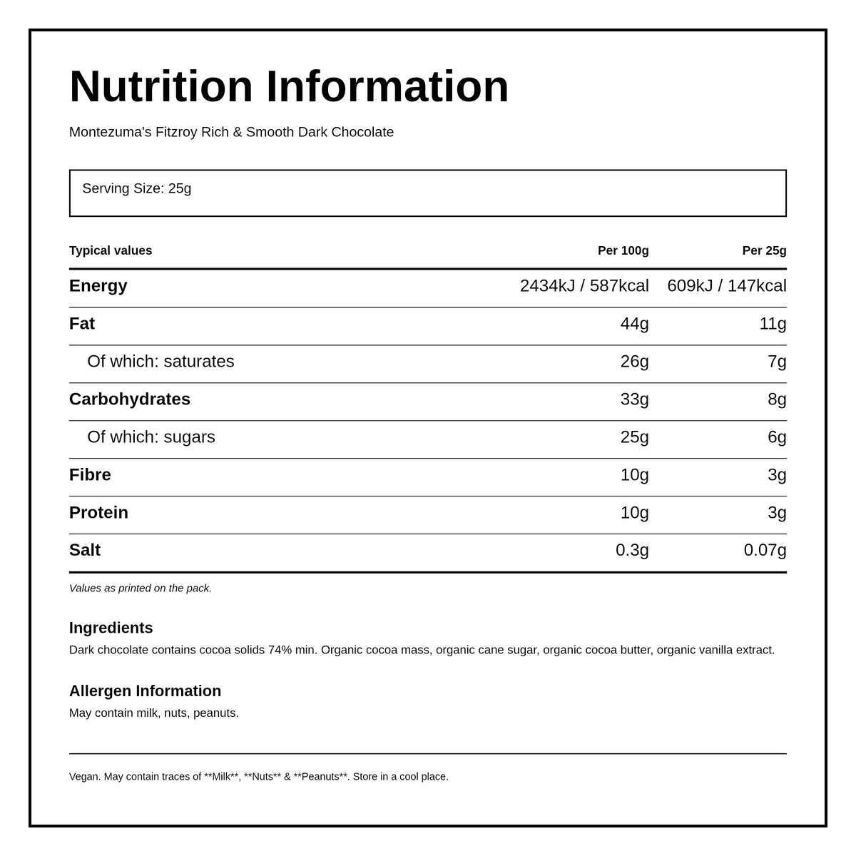 Montezumas Chocolate FitzRoy 74% Dark Organic — nutrition information panel, generated from the pack