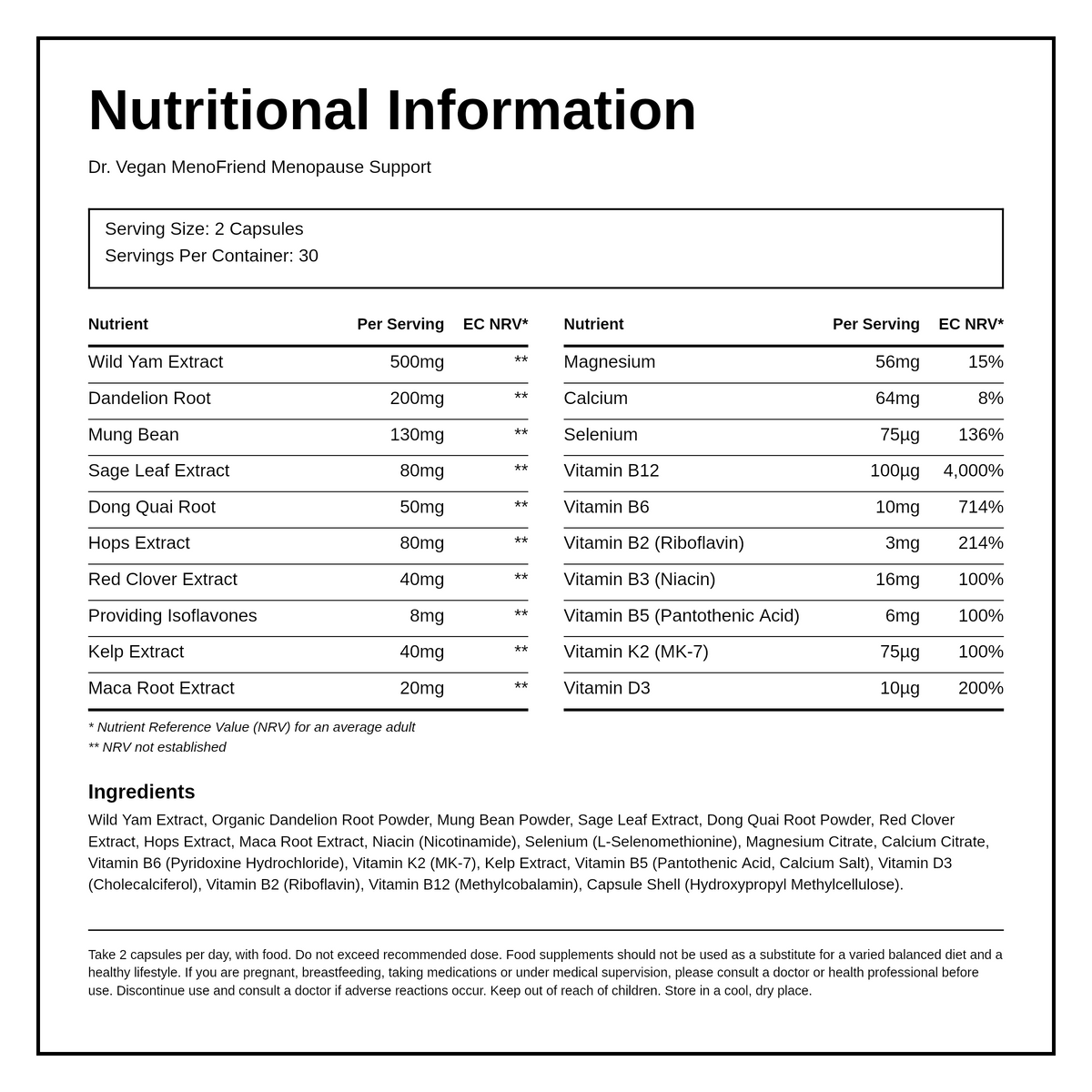 DR.VEGAN MenoFriend Menopause Support — nutrition information panel, generated from the pack