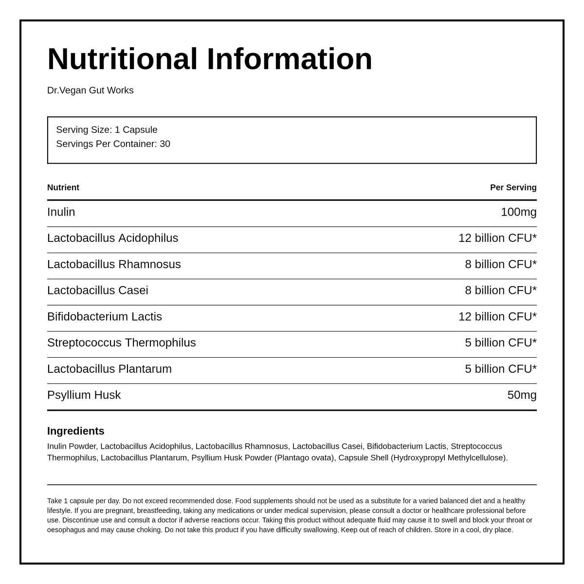 Dr. Vegan DR.VEGAN Gut Works Pre & Probiotic 50bn CFU 30 caps — nutrition information panel, generated from the pack