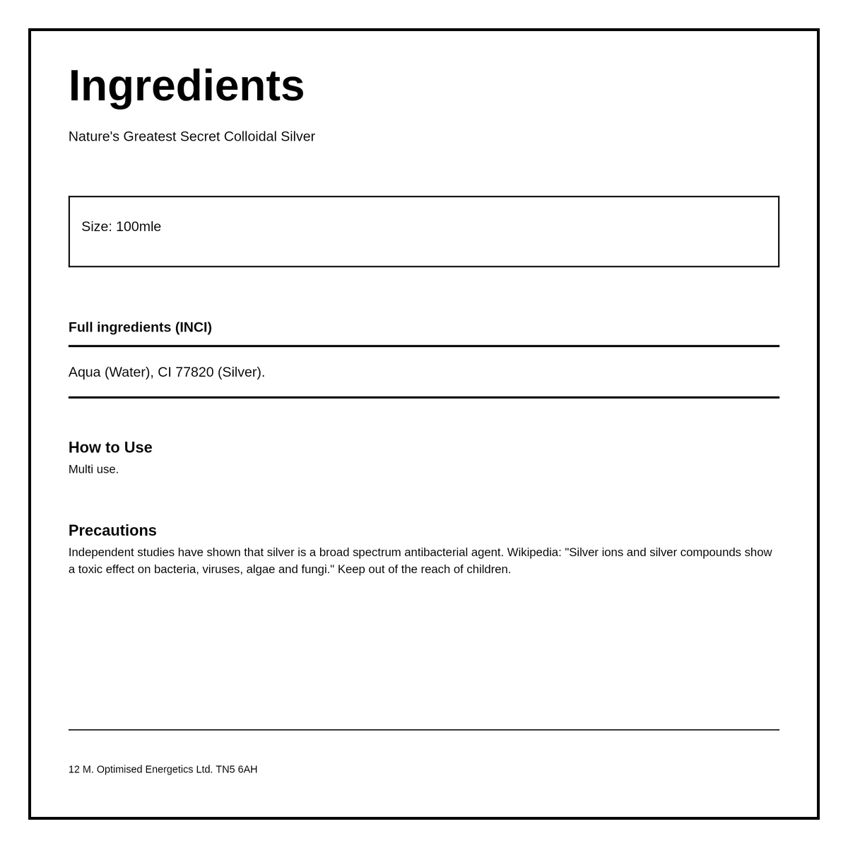 Nature's Greatest Secret 20ppm Enhanced Colloidal Silver Spray - pH 9.0 — ingredients (INCI) panel, generated from the pack
