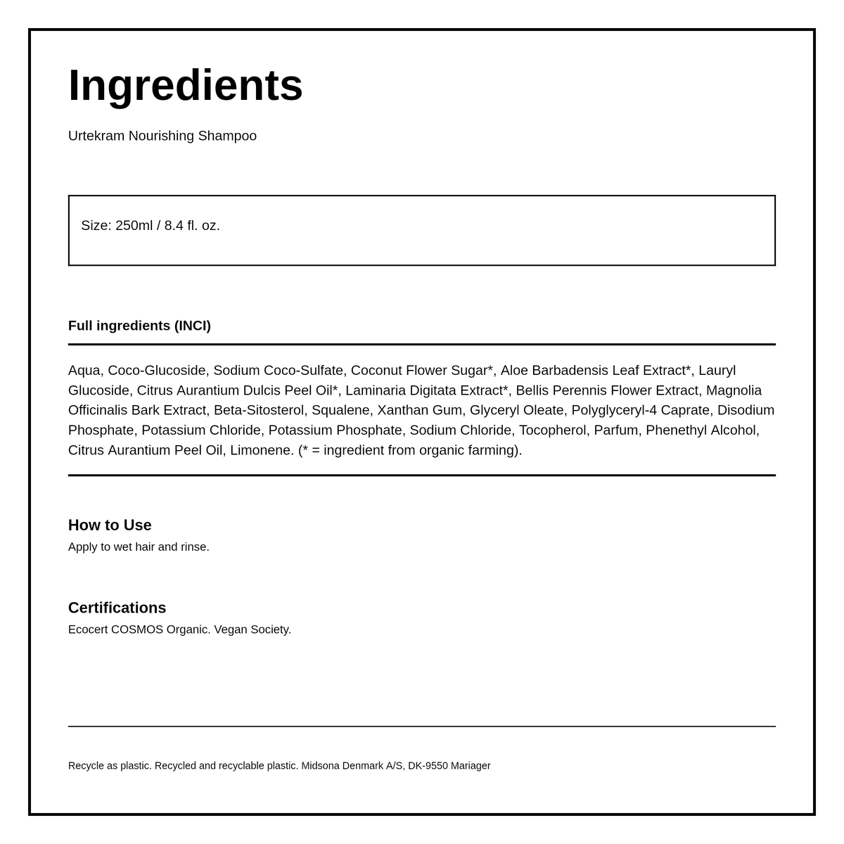 Urtekram Organic Coconut Shampoo for Normal Hair ml — ingredients (INCI) panel, generated from the pack