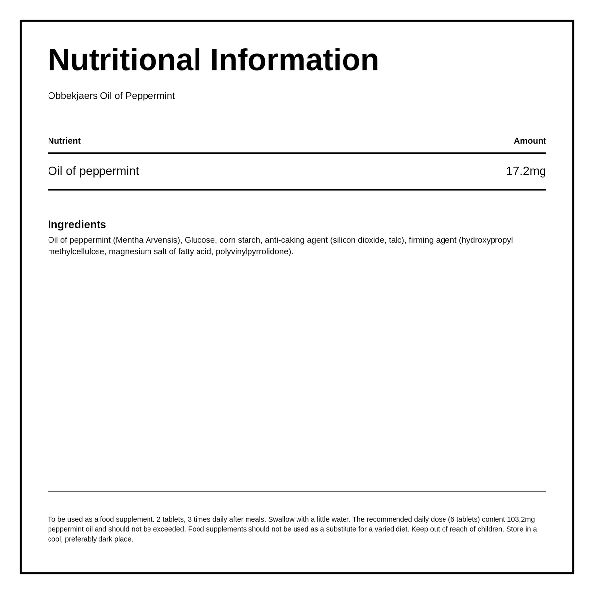Obbekjaers Oil Of Peppermint 150 Tbs — nutrition information panel, generated from the pack