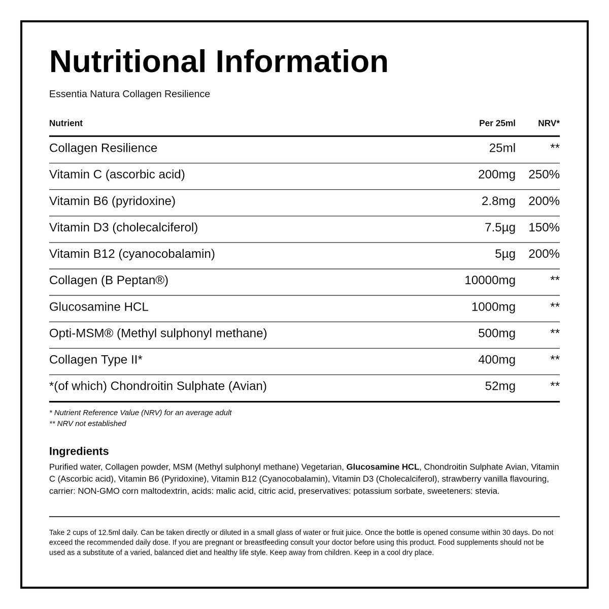 Essentia Natura Collagen Resilience — nutrition information panel, generated from the pack