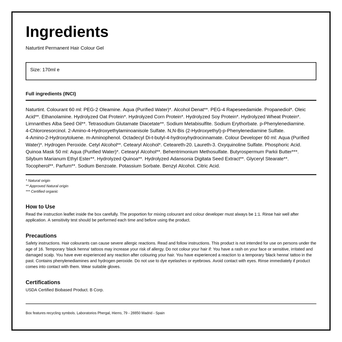 Naturtint Permanent Hair Colourant Dark Chestnut Brown 3N 170ml — ingredients (INCI) panel, generated from the pack