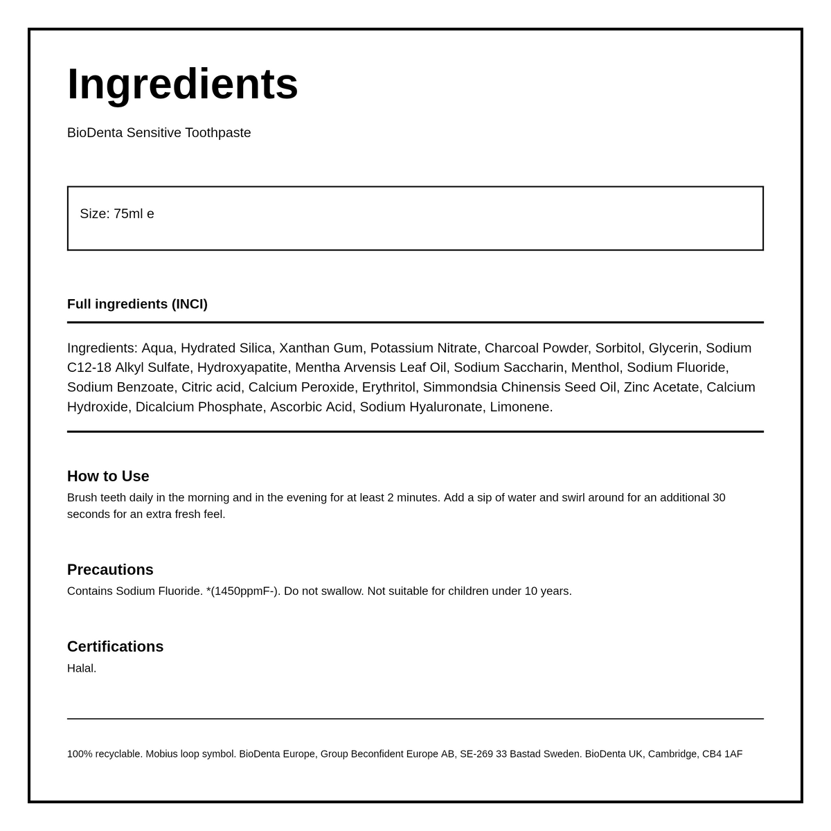 BioDenta Sensitive Toothpaste — ingredients (INCI) panel, generated from the pack