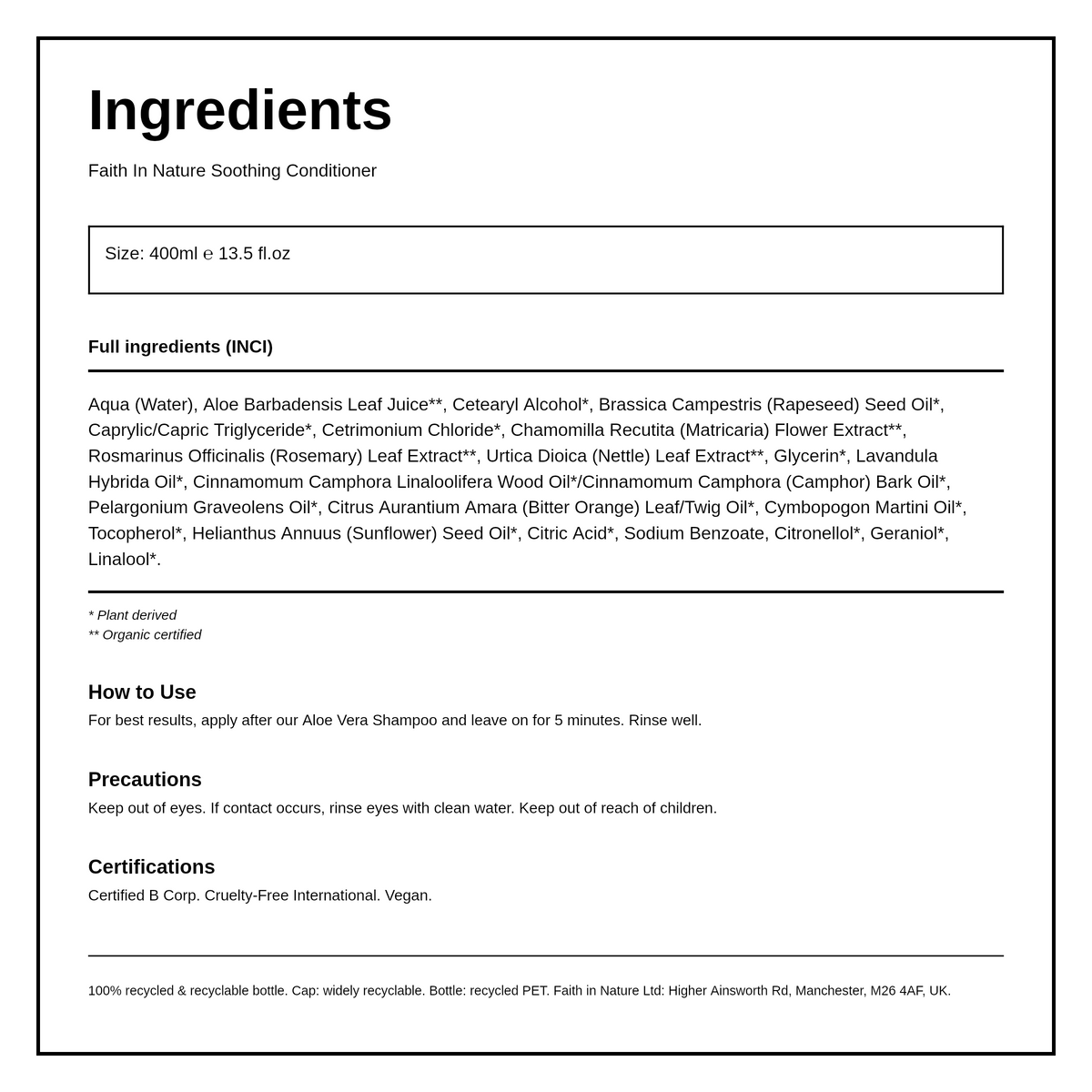 Faith in Nature Aloe Vera Conditioner — ingredients (INCI) panel, generated from the pack