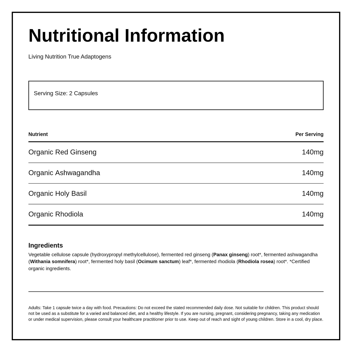 Living Nutrition Organic Fermented True Adaptogens — nutrition information panel, generated from the pack