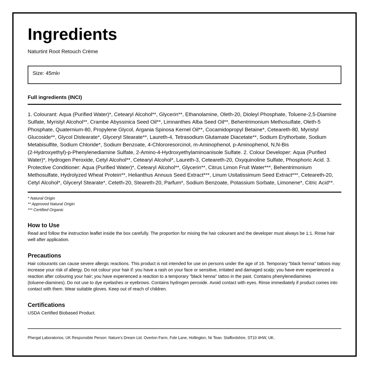 Naturtint Root Retouch Creme Dark Brown Shades — ingredients (INCI) panel, generated from the pack